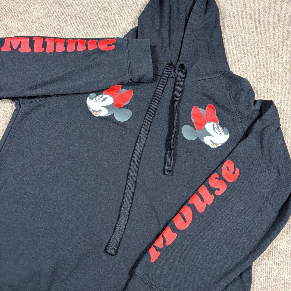Disney Minnie Mouse Hoodie Womens Medium Black Raglan Sleeve Drawstring Pullover